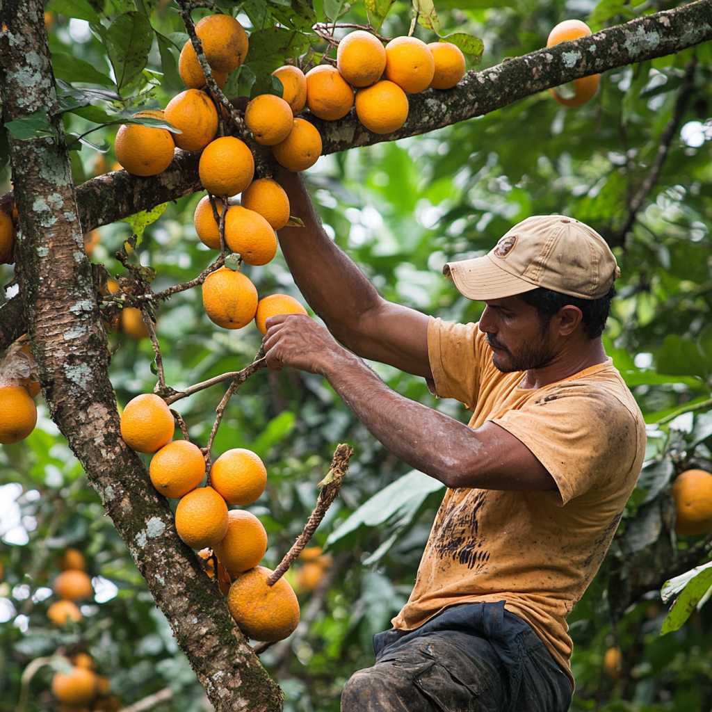 Three people reaching fruit tree