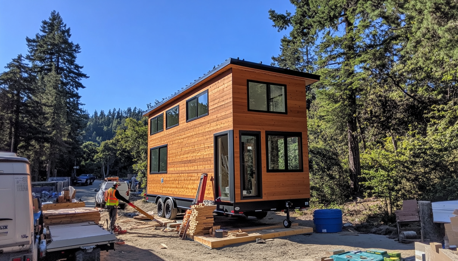 Person leveling tiny house blocks