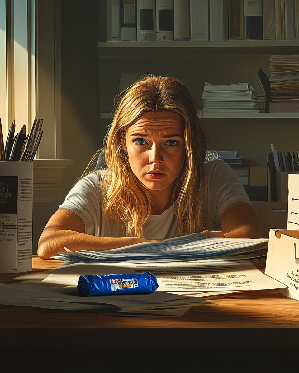 Woman at desk with energy bar