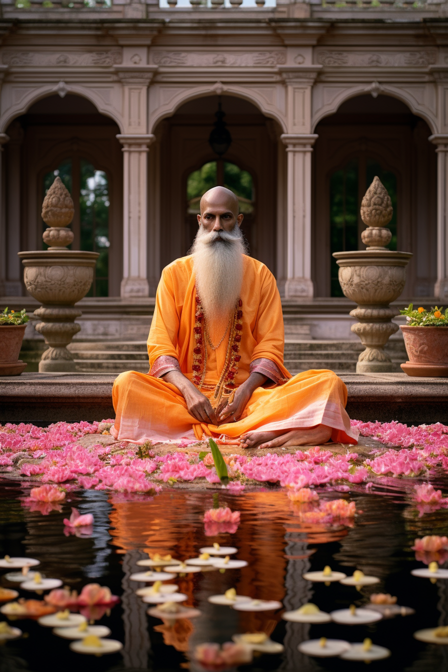 Indian saint placing fire bowl