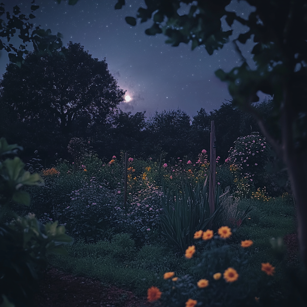 Tranquil garden under moonlight stars