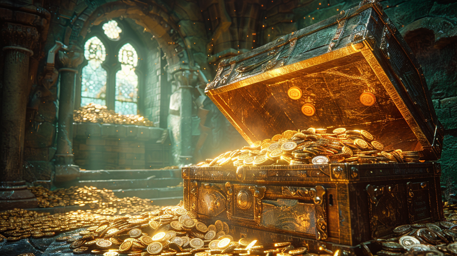 Gold coins and jewels treasure chest