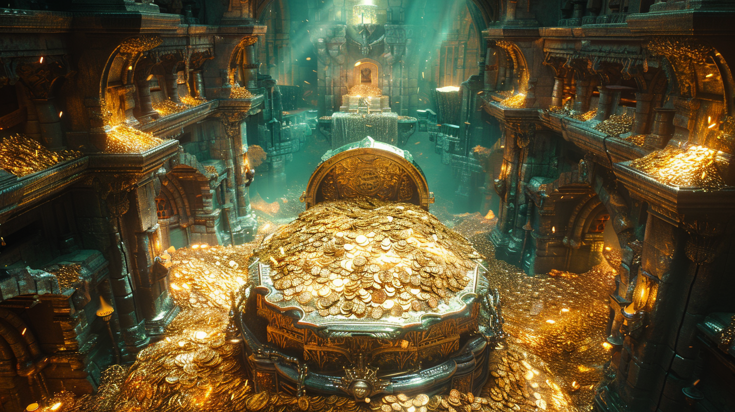 Gold coins and jewels treasure room