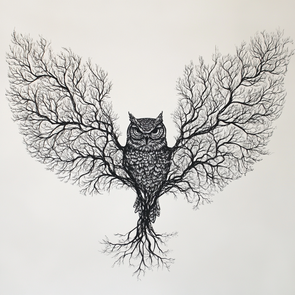 detailed tree owl art drawing