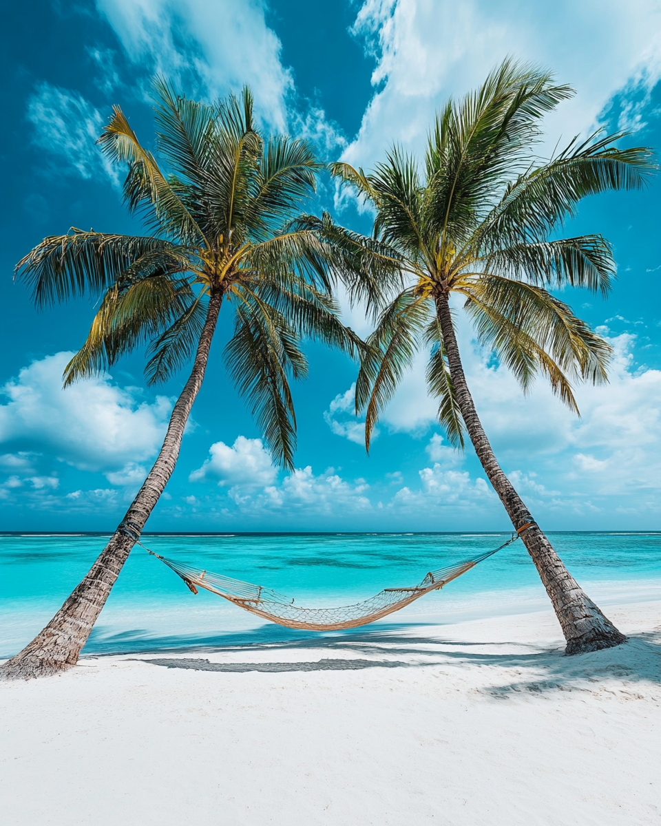 Hammock between palm trees on beach