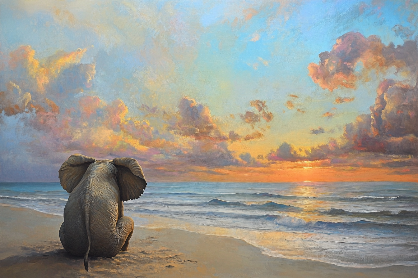 Elephant on Seaside at Sunrise