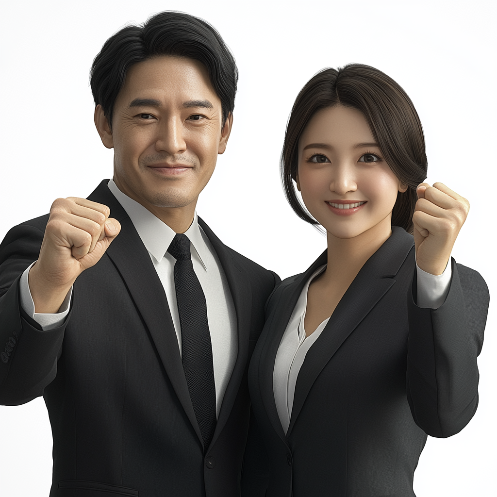 two Japanese businesspeople celebrating success with fist pumps