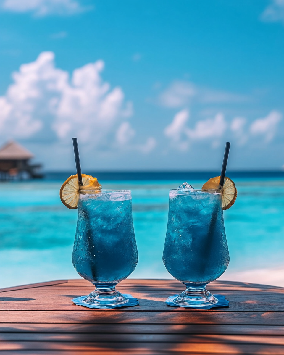 Blue Lagoon Cocktails Wooden Table Maldives