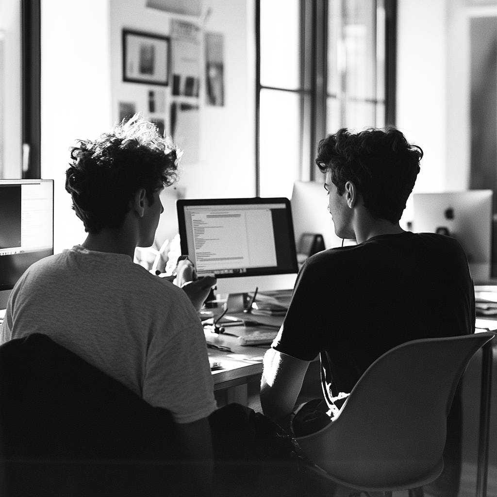 Two Men Chatting Laptop Office