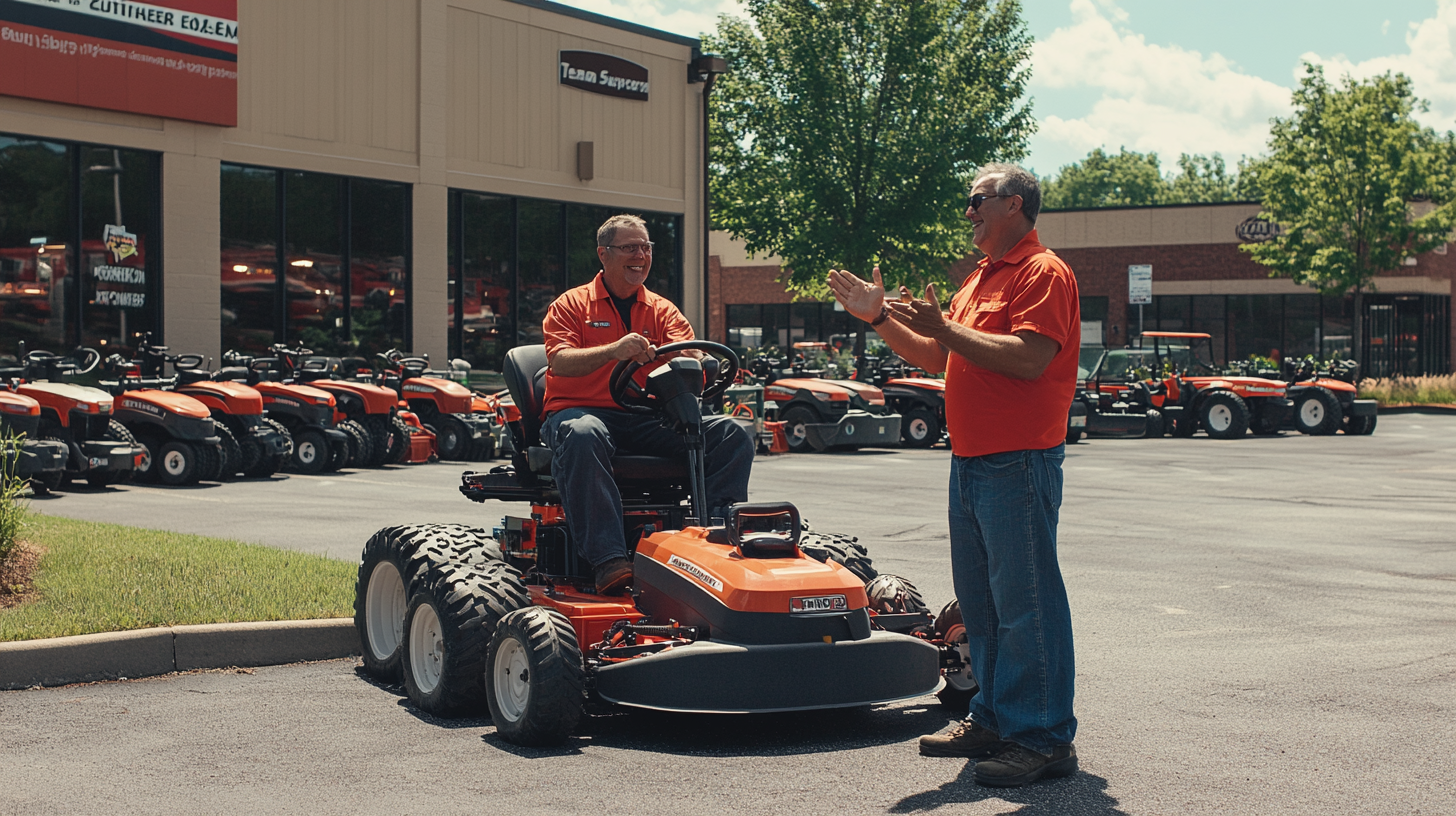 Two men at lawn mower store