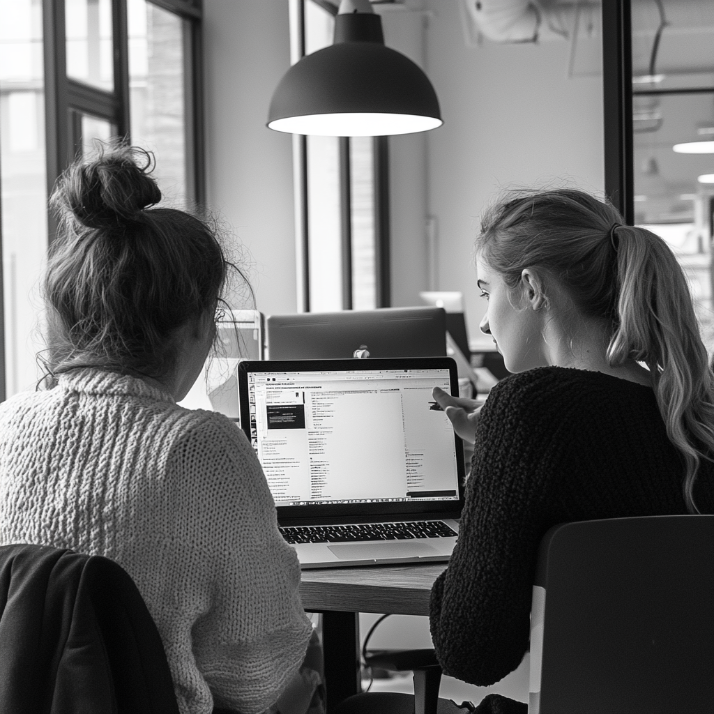 Two women discussing work at office desk