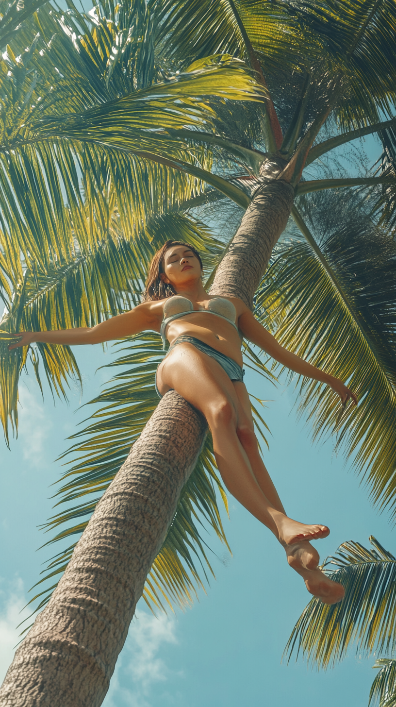 Woman hanging from palm tree