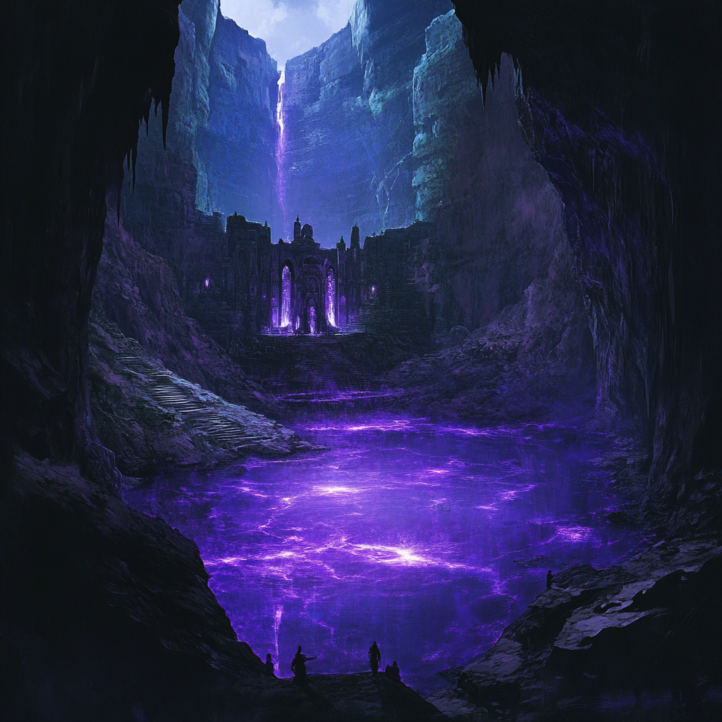 purple bioluminescent underground temple lake