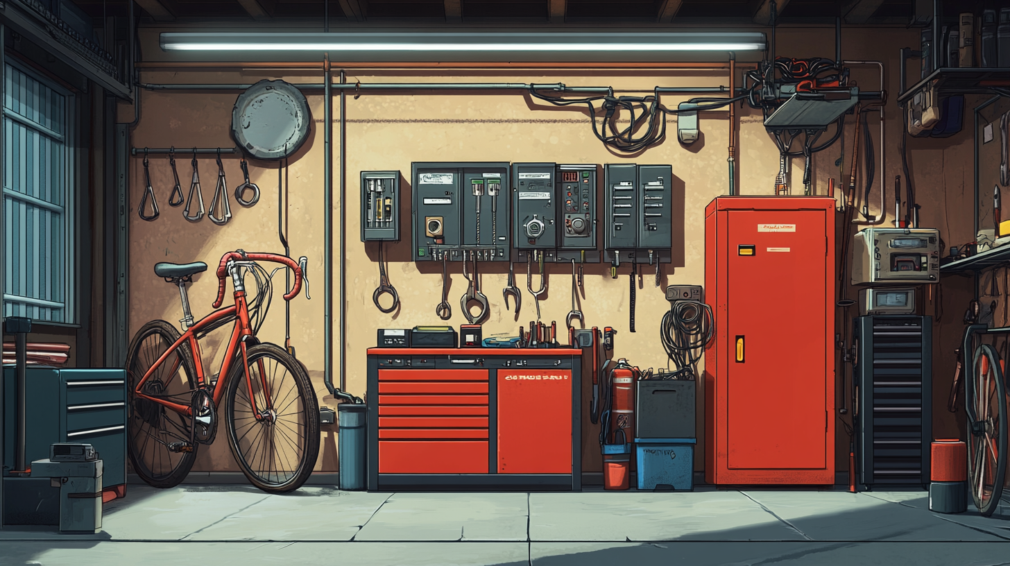 Underground garage with tools and bicycle