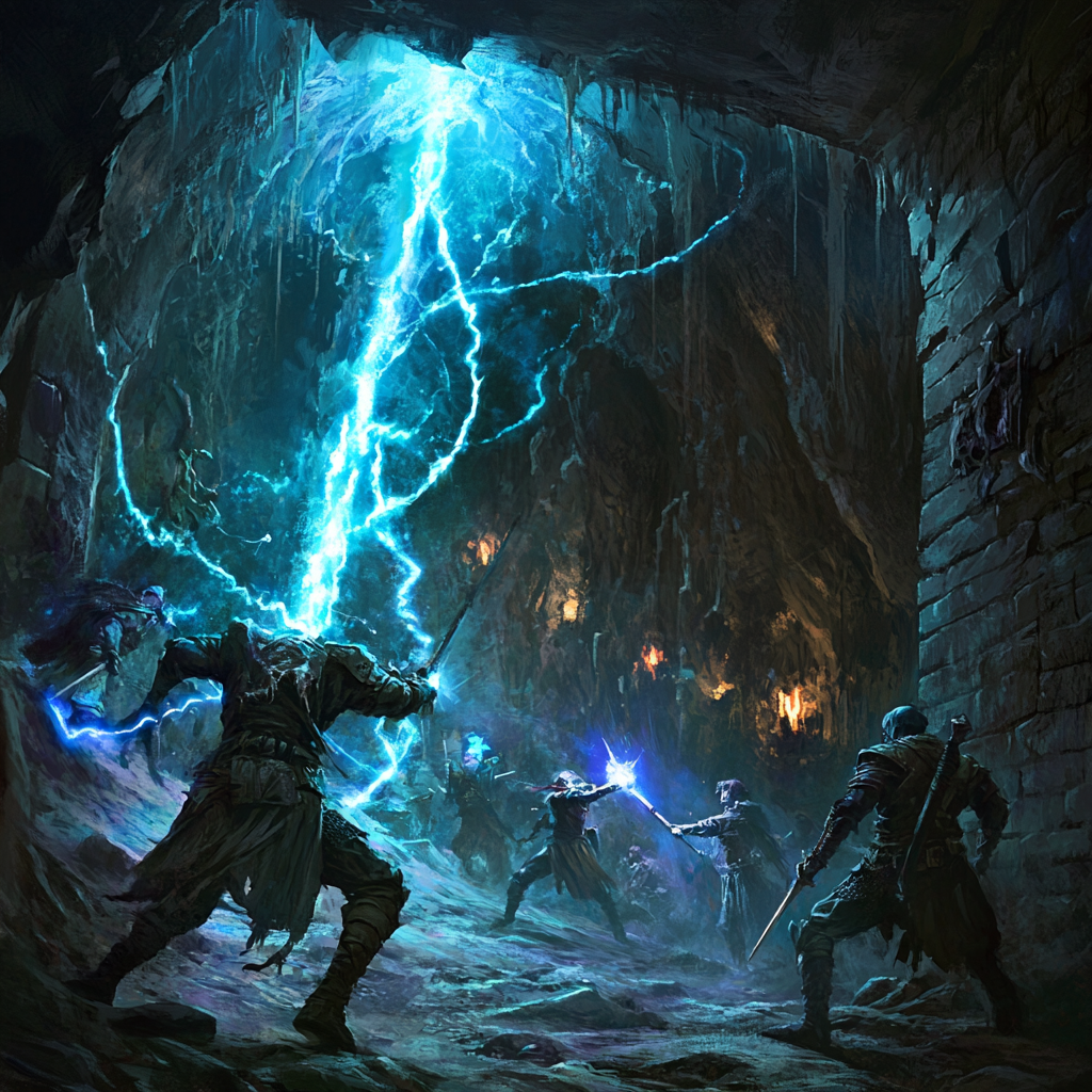 Adventurers battling hobgoblins underground passage