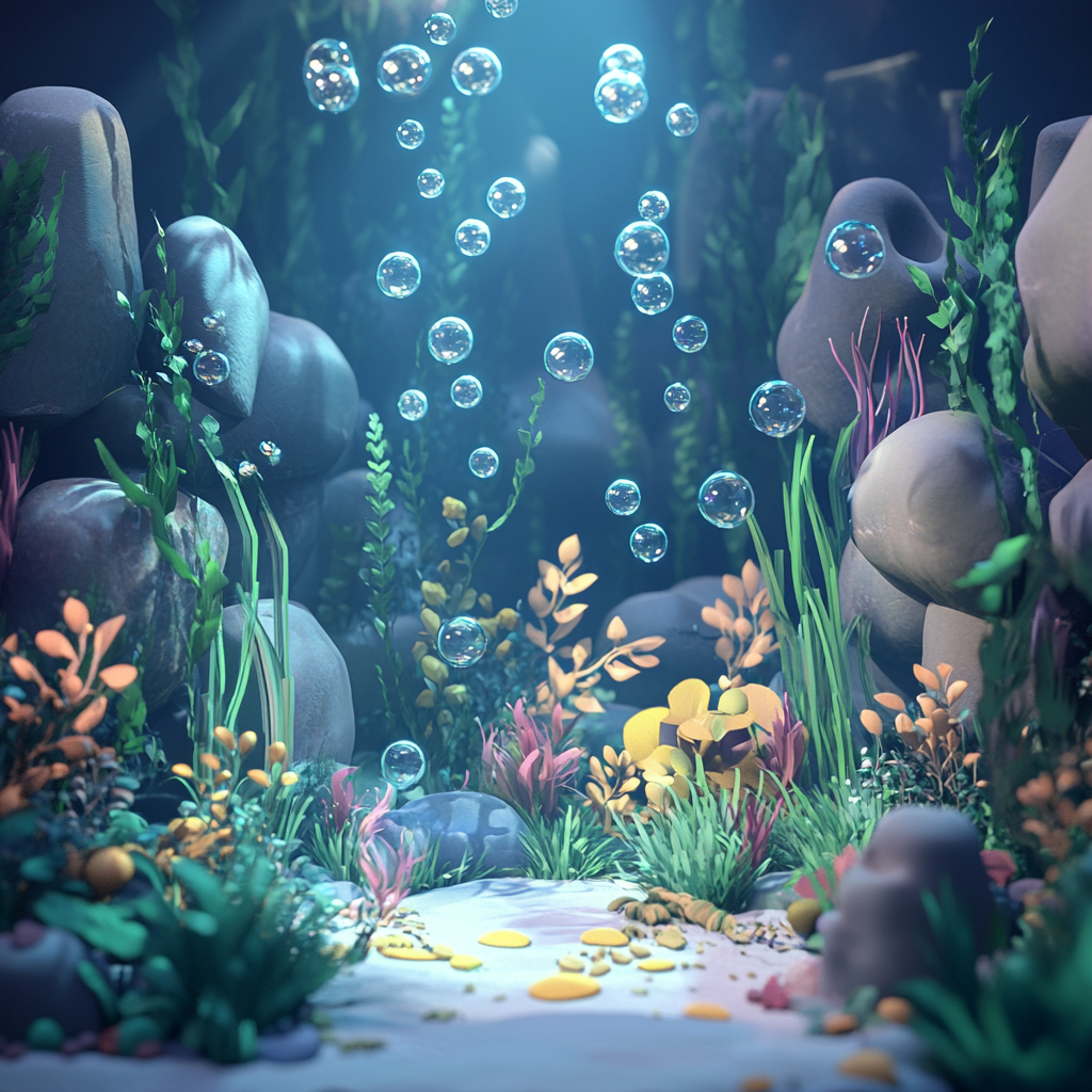 Underwater plants rocks bubbles illustration