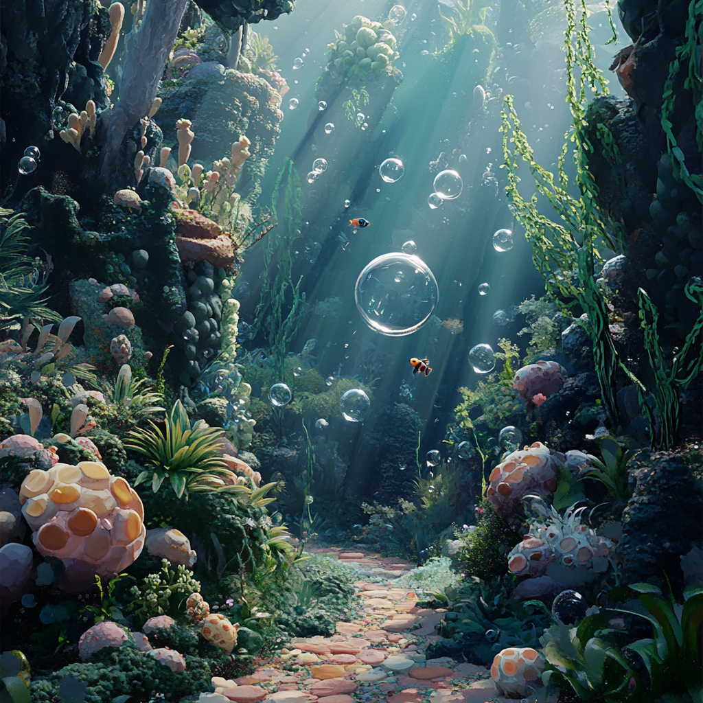 Underwater plants rocks bubbles illustration