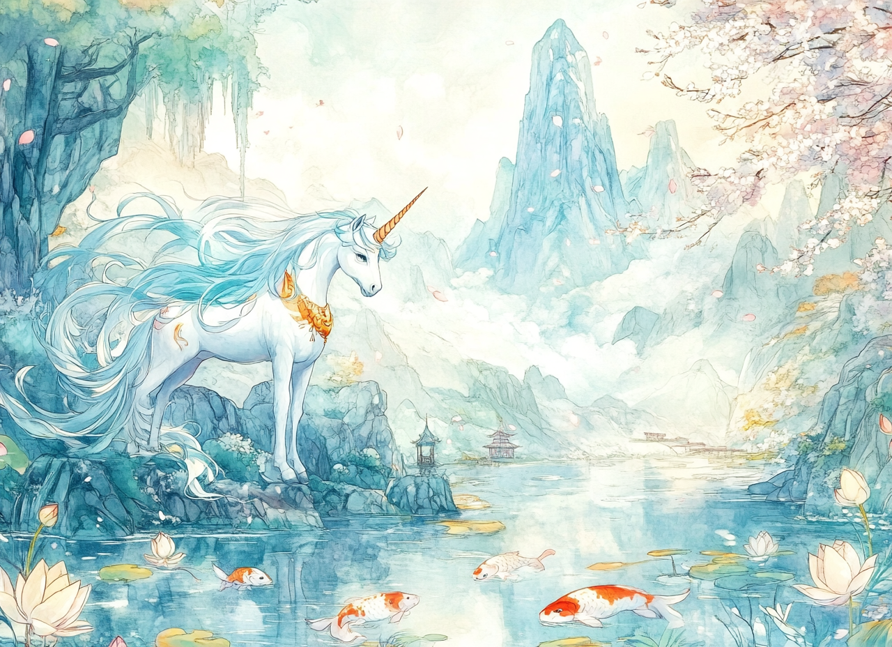 Elegant unicorn reflection in tranquil river