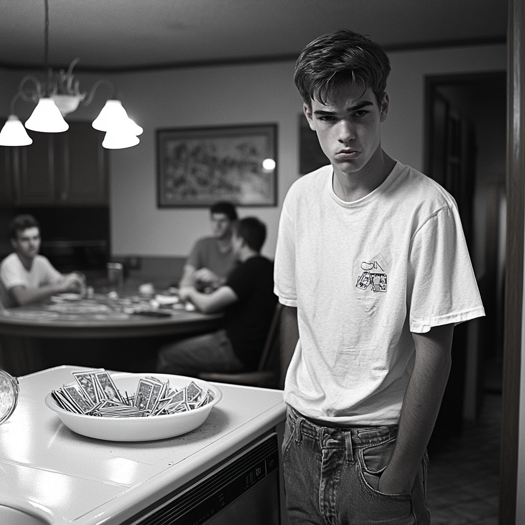 upset teenager unloads dishwasher, friends play card games nearby.