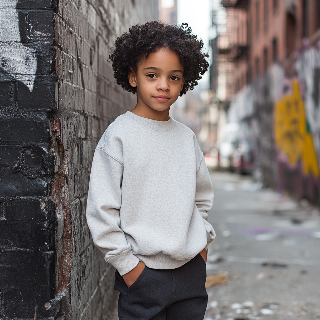 child in crew neck sweatshirt urban setting