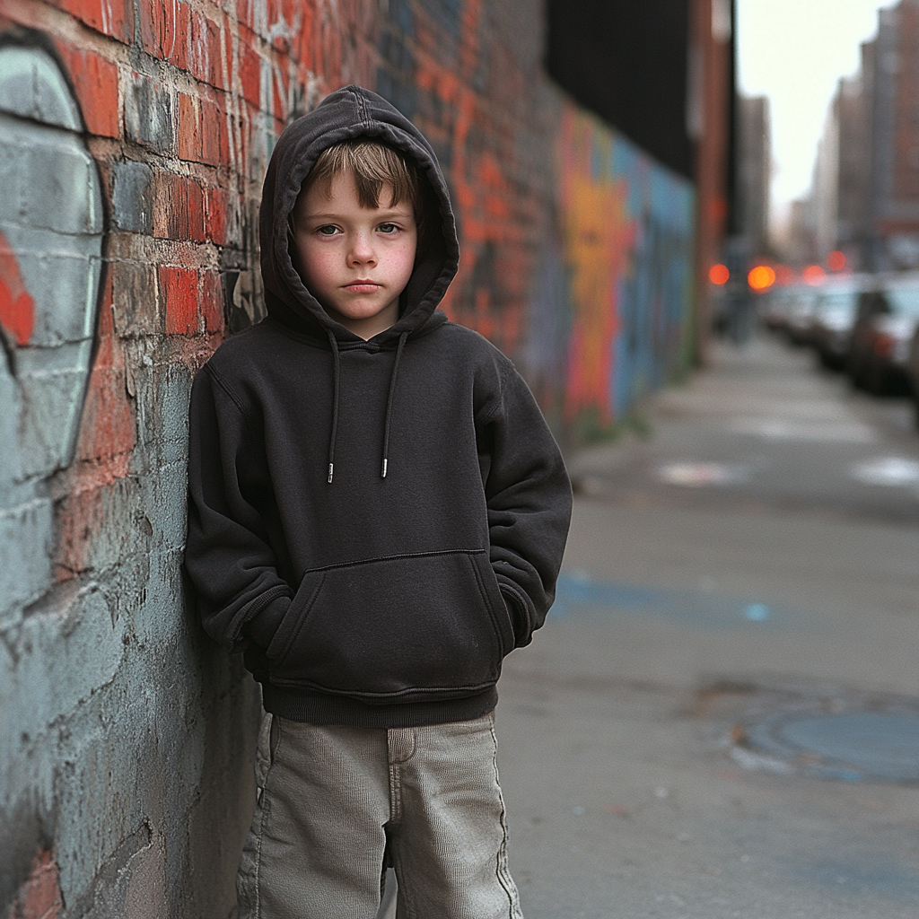 Child in casual hoodie urban setting