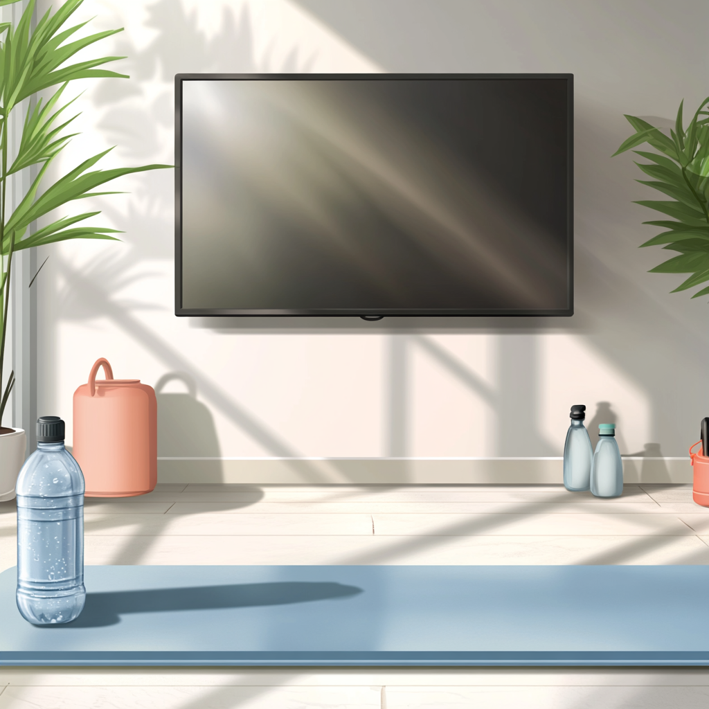 vector style living room scene with exercise equipment.