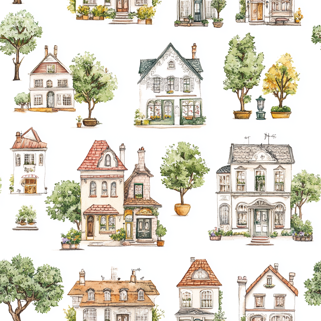 Illustration of Victorian Houses and Trees