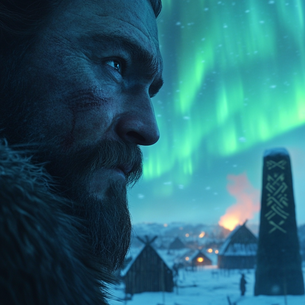 Viking warrior in northern lights