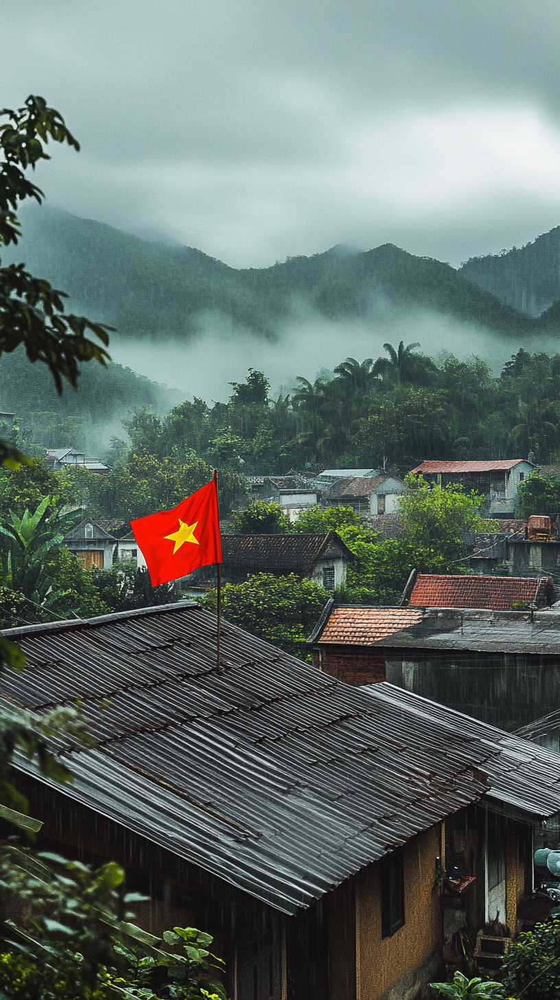 village rooftops covered in raindrops with Vietnamese flag fluttering