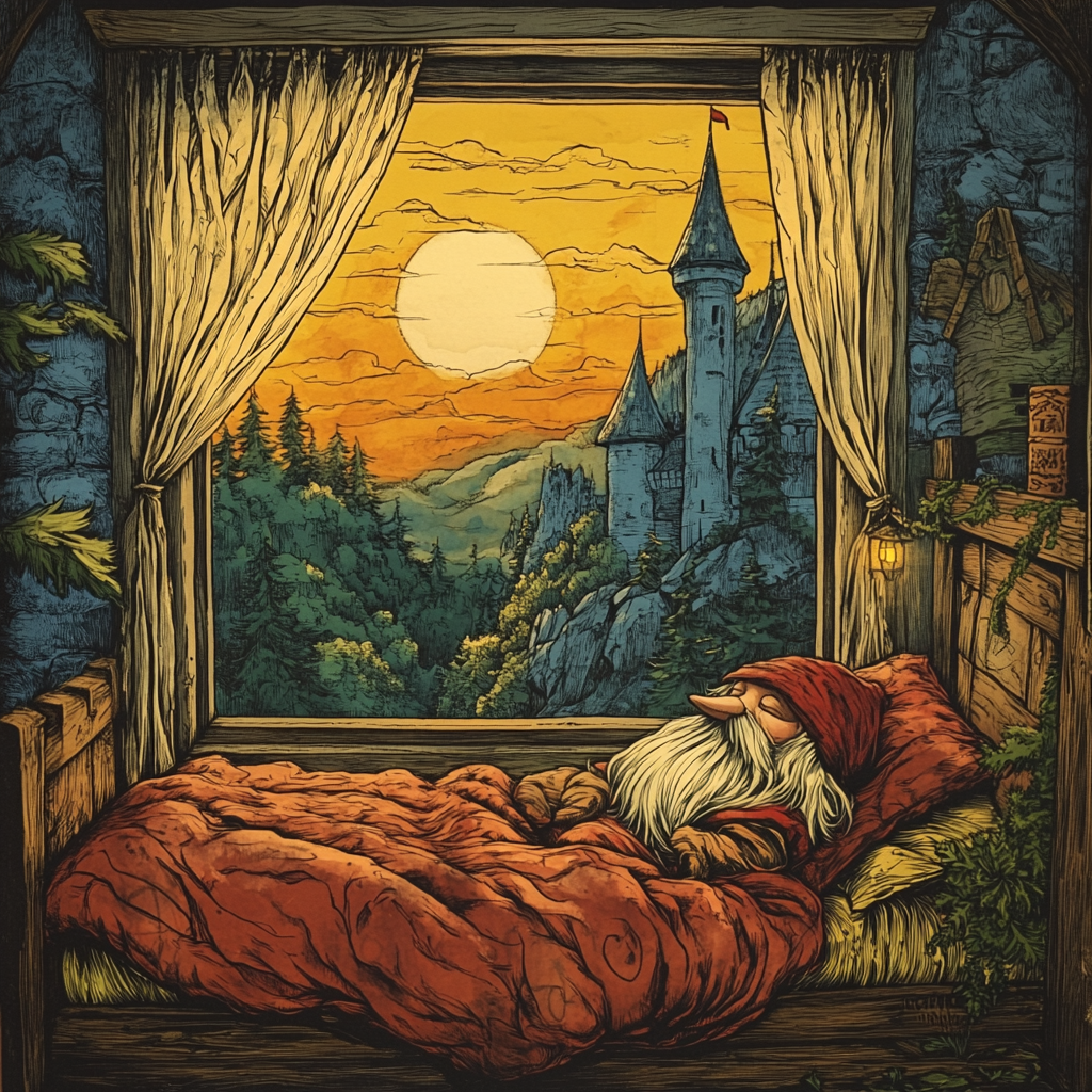 vintage fantasy gnome sunrise castle