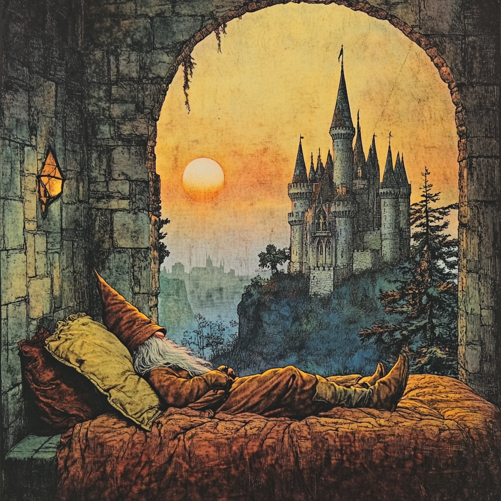 Gnome Castle Sunrise Fantasy Art