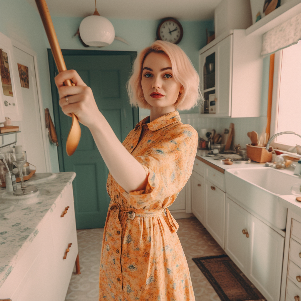 Influencer mom in vintage dress with fishing rod