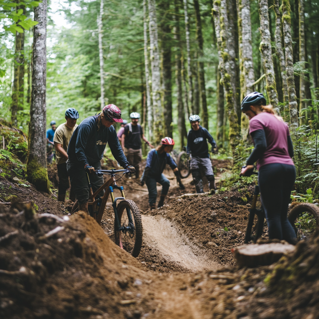 Group of volunteers building mountain bike trail