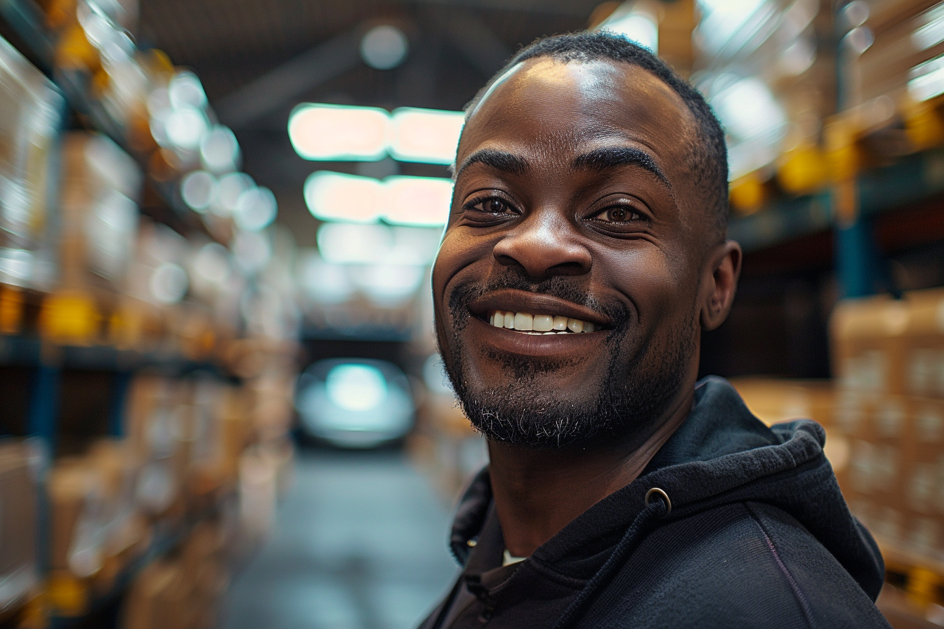 Man Smiling in Warehouse Setting