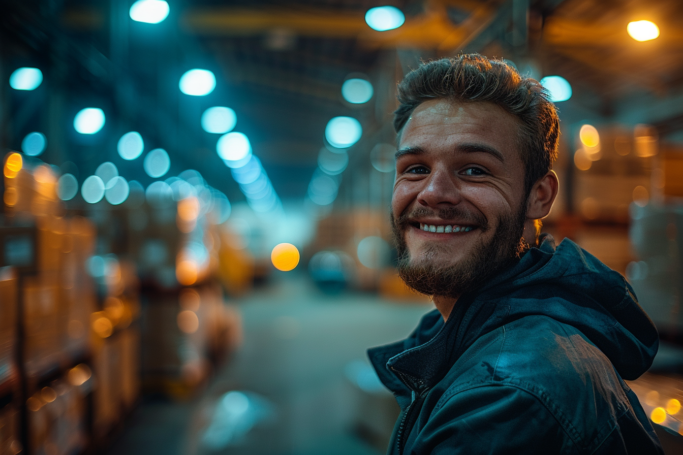 man smiling in warehouse with boxes and car