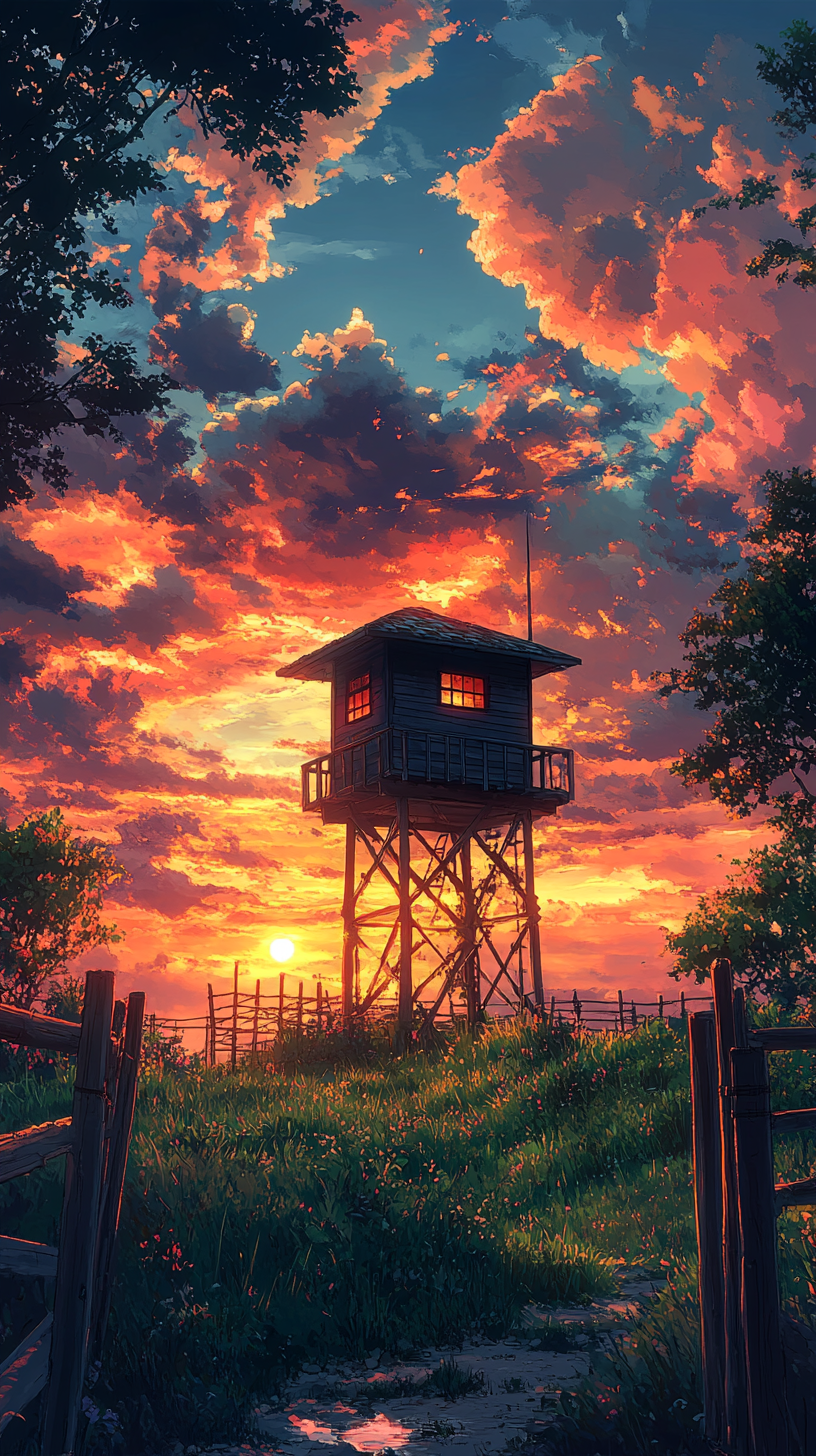 Small watchtower in green field