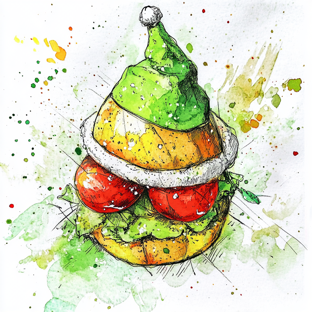 water color illustration and line art ink drawing Chrisma hat falafel