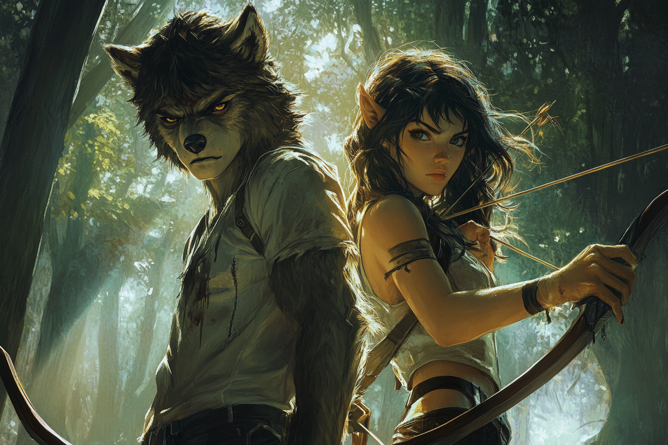 werewolf boy and girl with crossbow in forest.