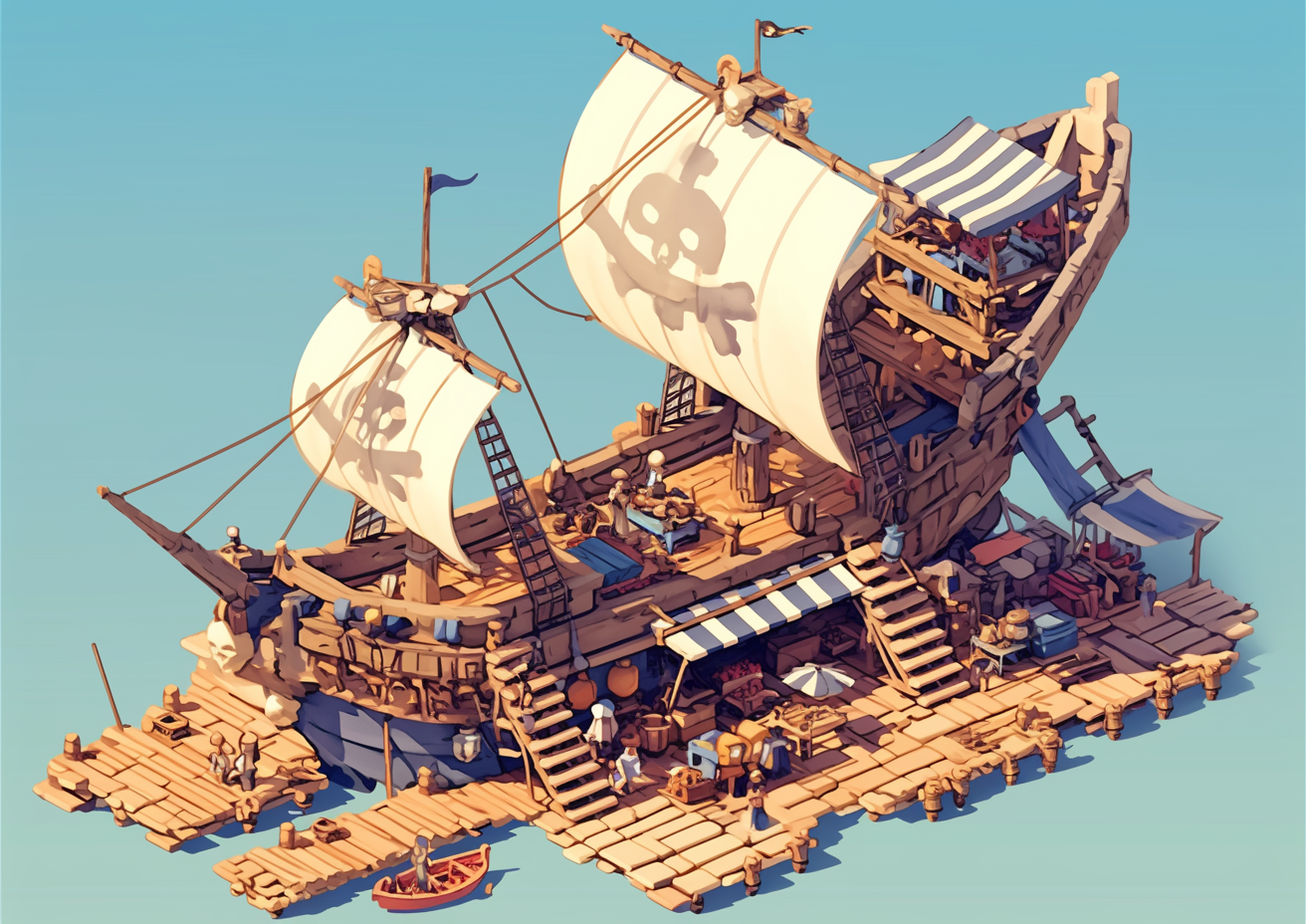 Whimsical Japanese Pirate Ship Cartoon