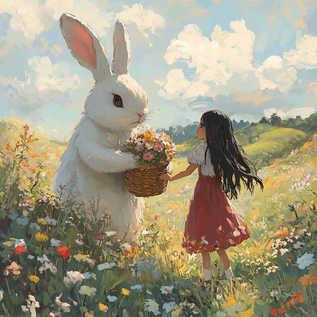 White rabbit and Indonesian girl in field