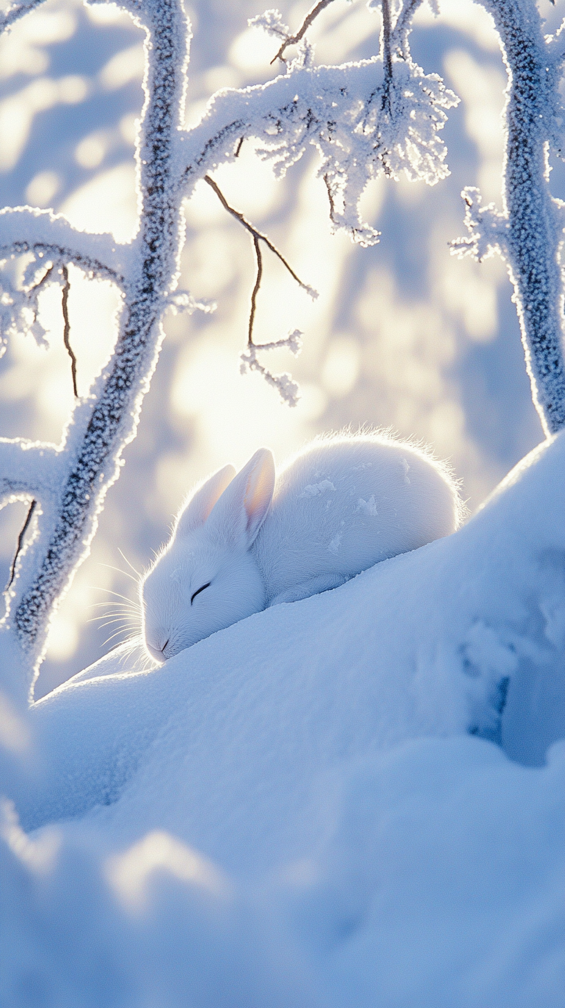 Rabbit sleeping in snowy landscape