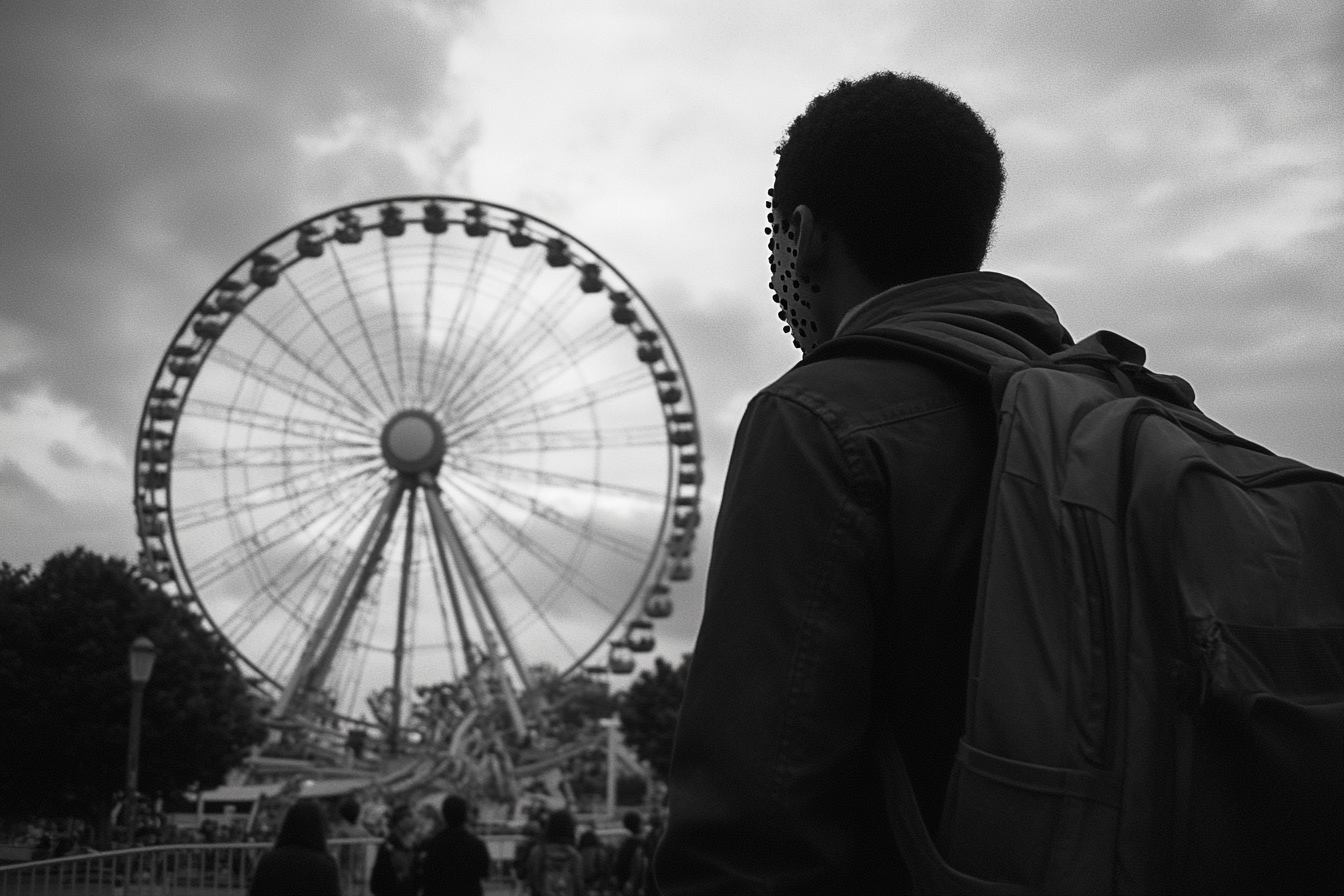 Man in corner at amusement park