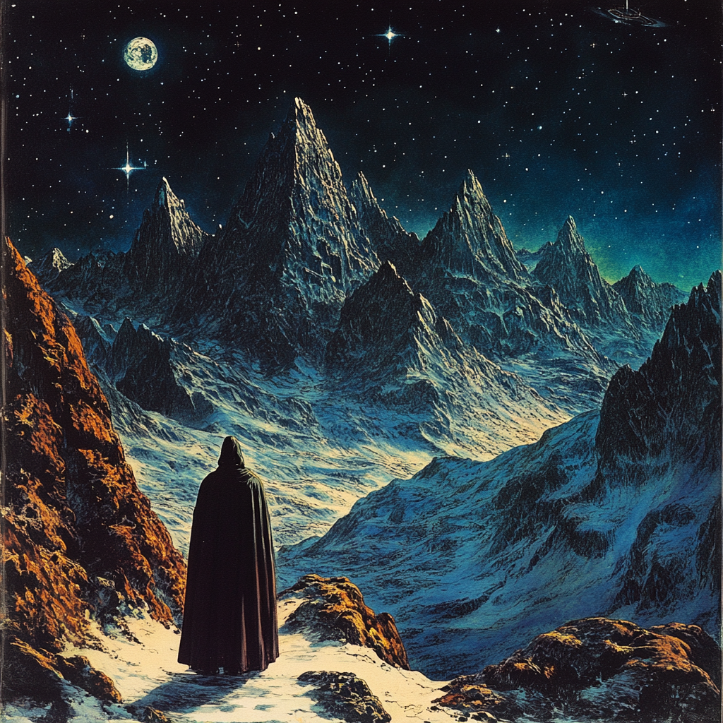 wizard admiring stunning mountain night