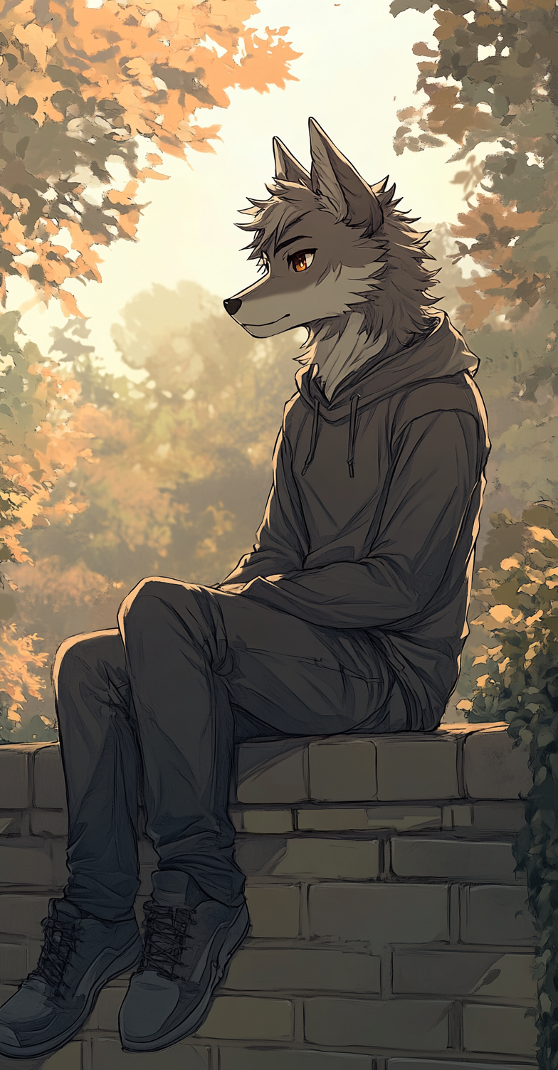 Cartoon wolf furry sitting brick wall