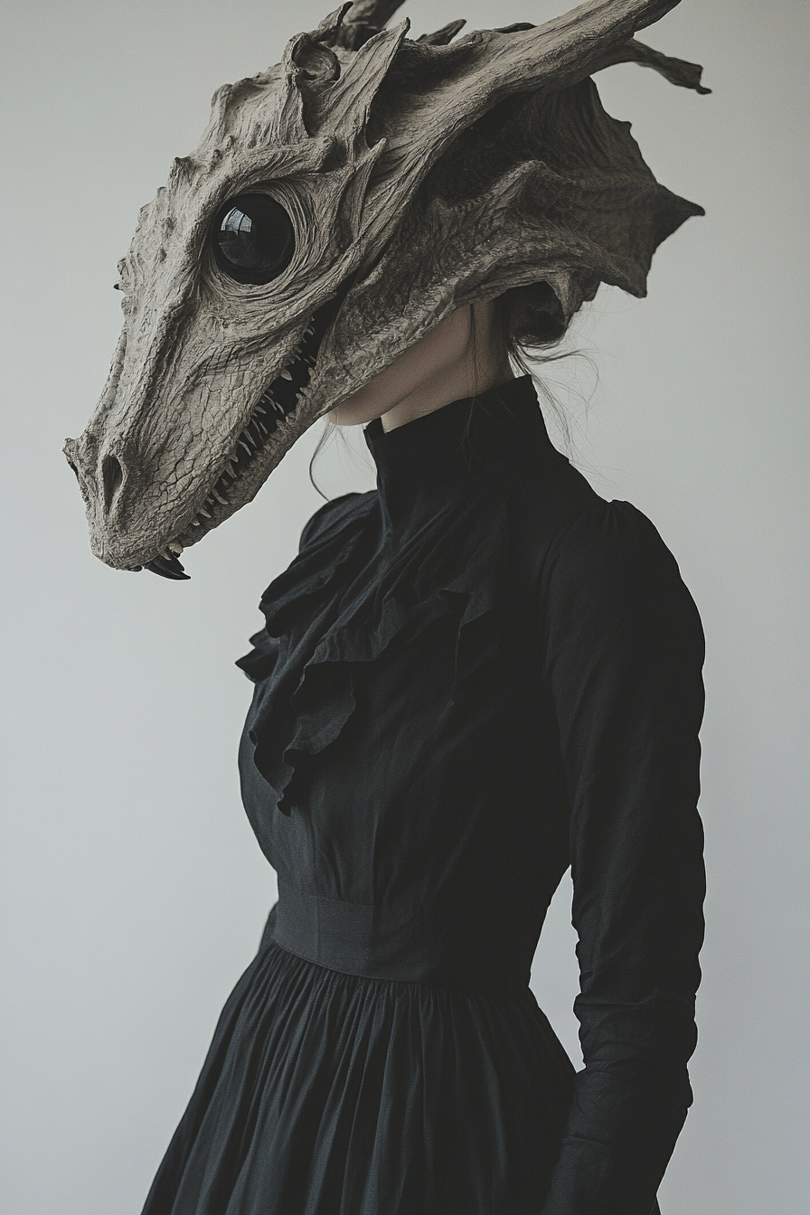 woman black dress dragon skull