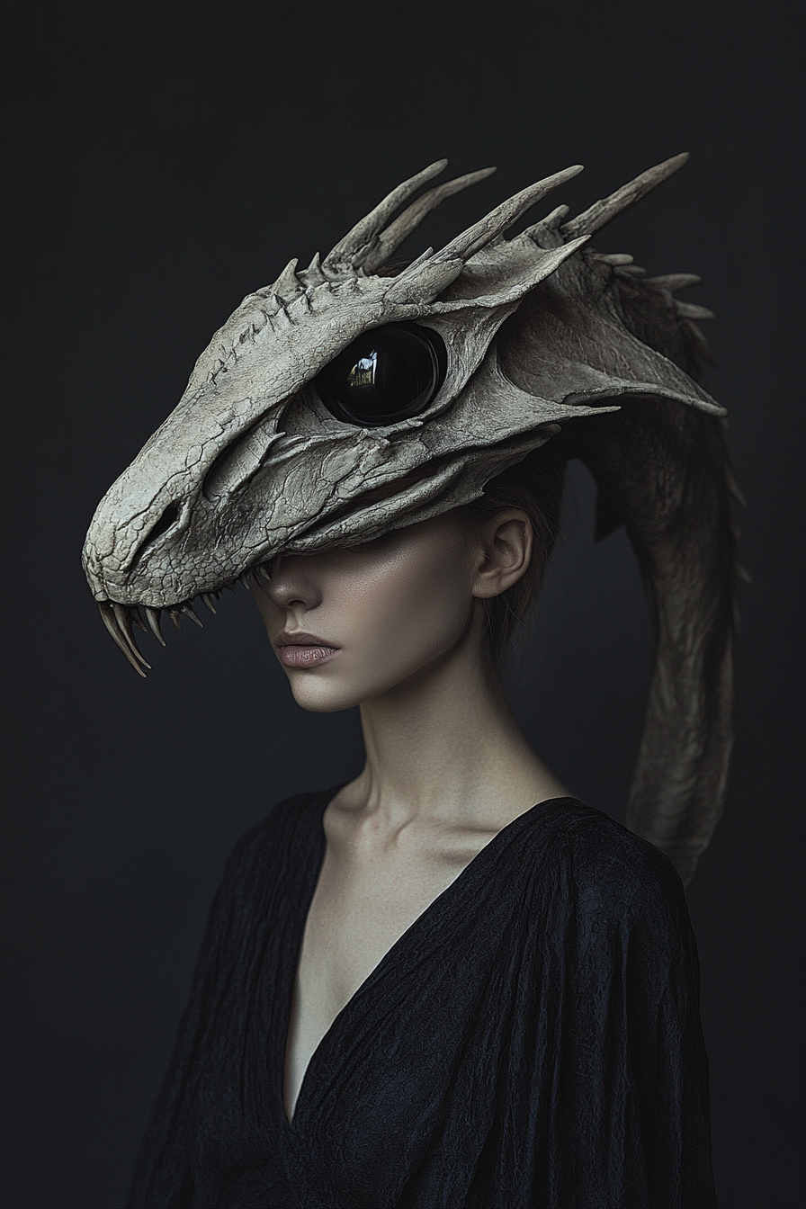 woman in black dress dragon skull