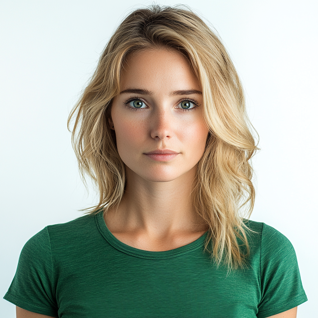 Woman Blonde Hair Green Shirt Stressed