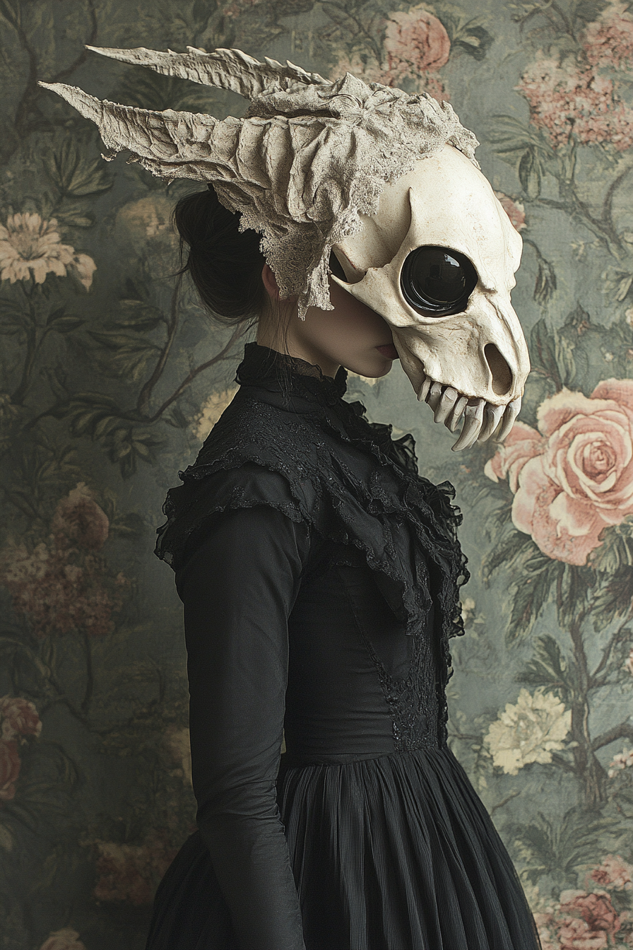 Woman in Black Dress Dragon Skull