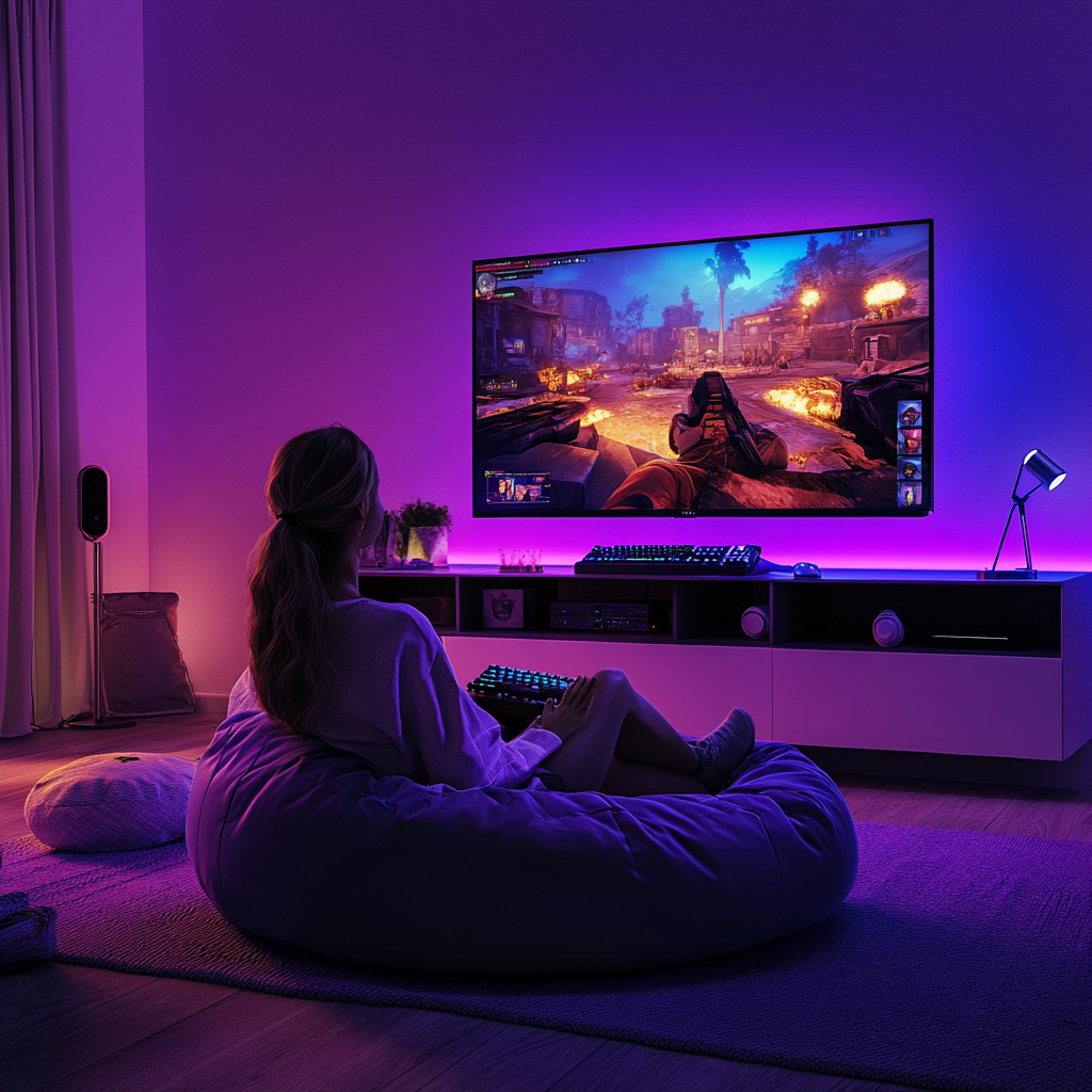 woman enjoying video game on bean bag chair.