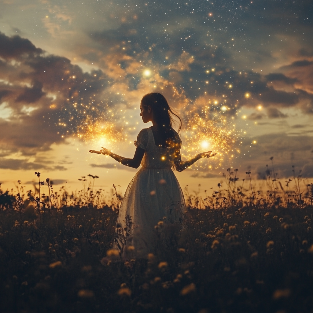 woman flower field aura starlight